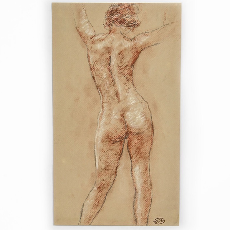 Oil Pastel and Graphite Drawing on Paper "Nude Figure"