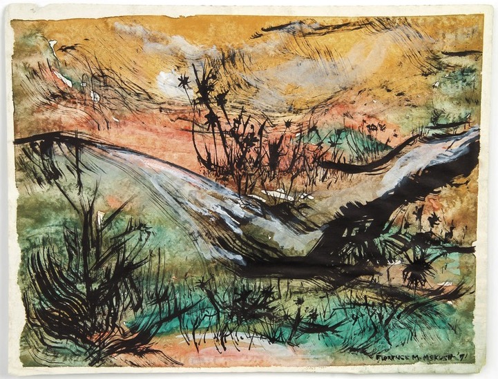 Florence Mekush Watercolor and Gouache Painting on Paper "Sunlit Landscape"