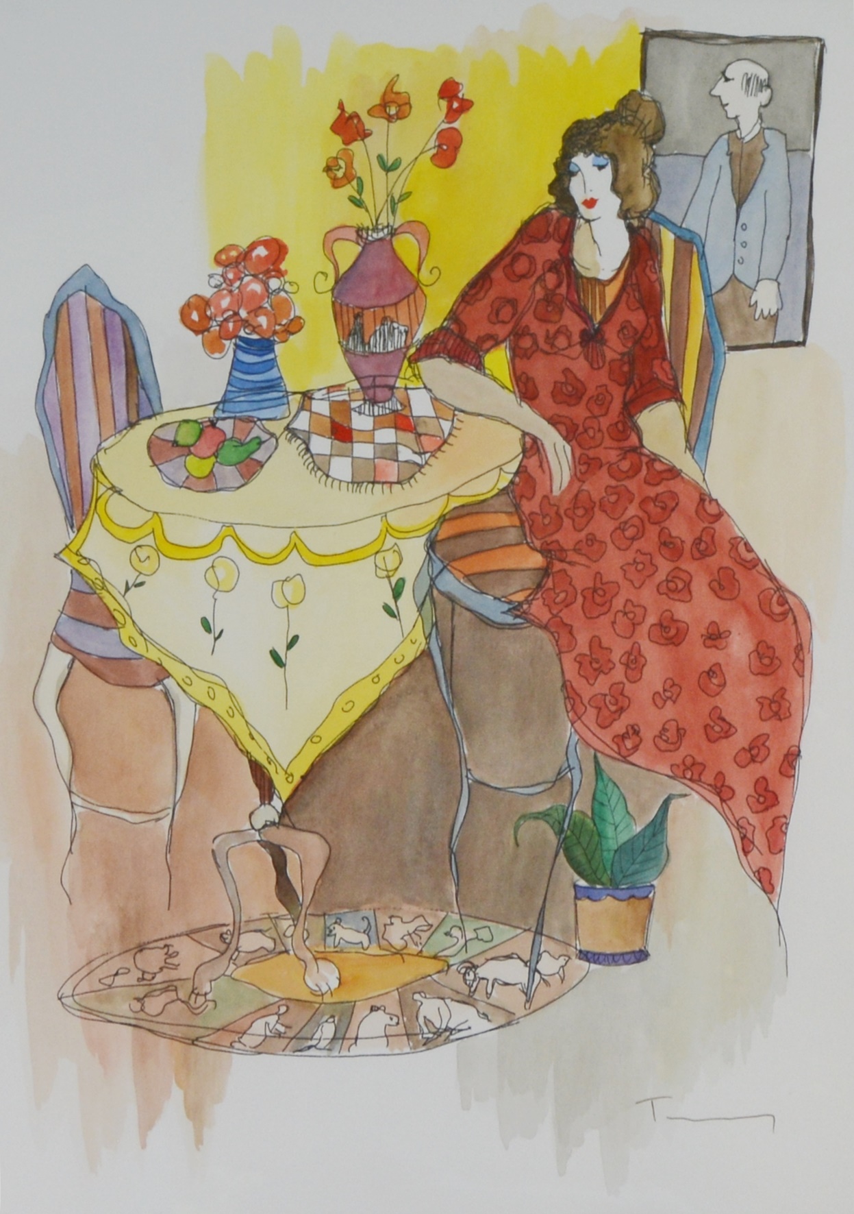 Itzchak Tarkay Signed Mixed Media Watercolor of a Woman Waiting