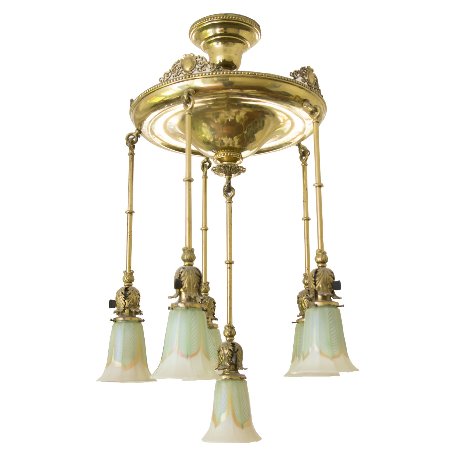 Antique Brass Chandelier with Quezal "Pulled Feather" Pattern Glass Shades