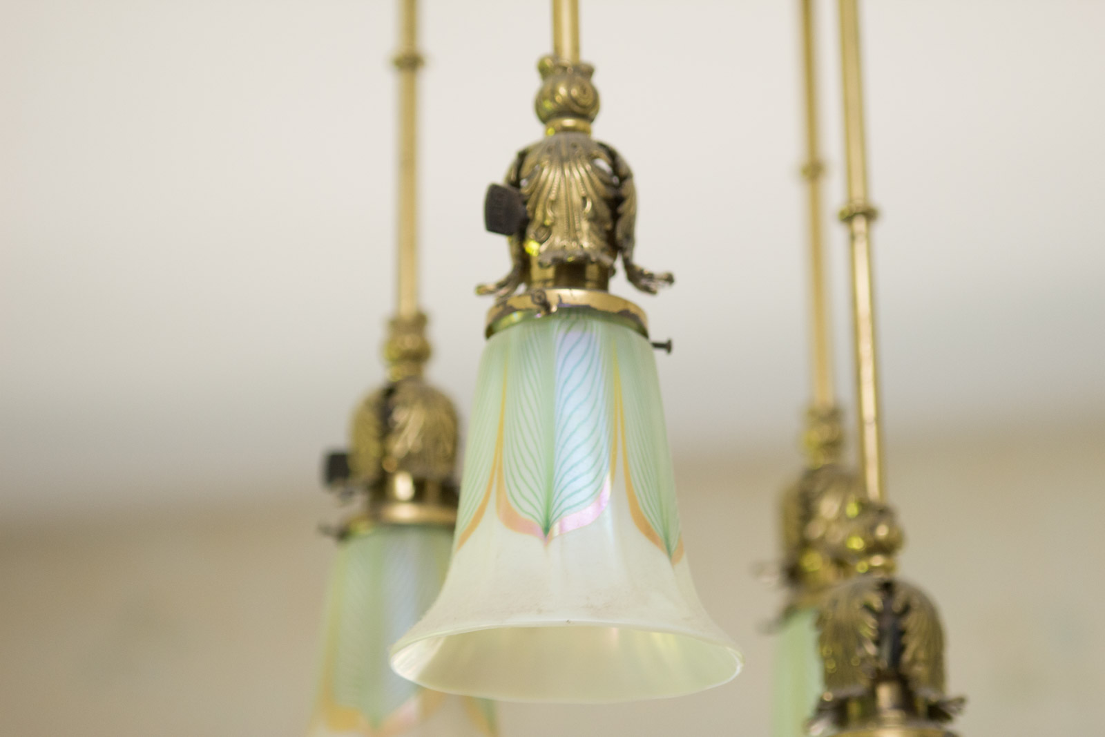 Antique Brass Chandelier with Quezal "Pulled Feather" Pattern Glass Shades