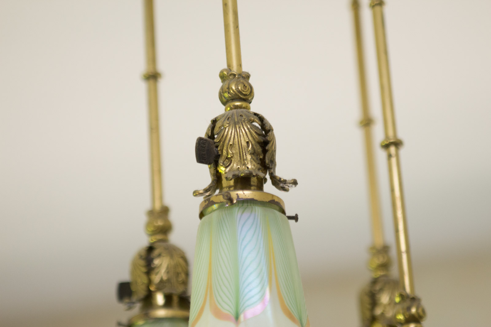 Antique Brass Chandelier with Quezal "Pulled Feather" Pattern Glass Shades