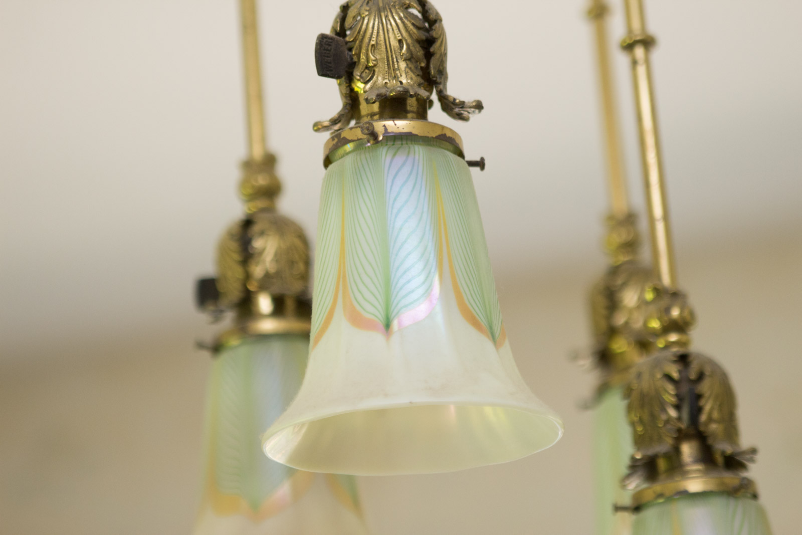 Antique Brass Chandelier with Quezal "Pulled Feather" Pattern Glass Shades