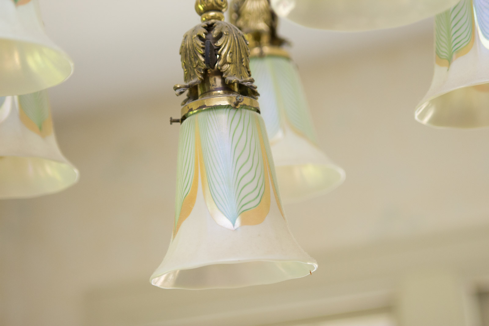 Antique Brass Chandelier with Quezal "Pulled Feather" Pattern Glass Shades