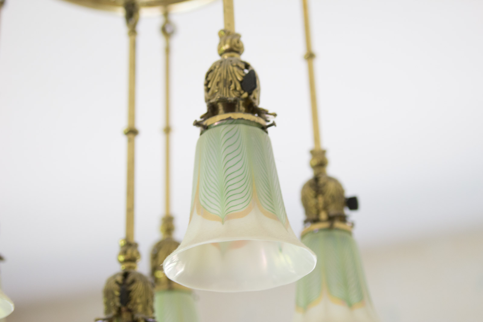 Antique Brass Chandelier with Quezal "Pulled Feather" Pattern Glass Shades