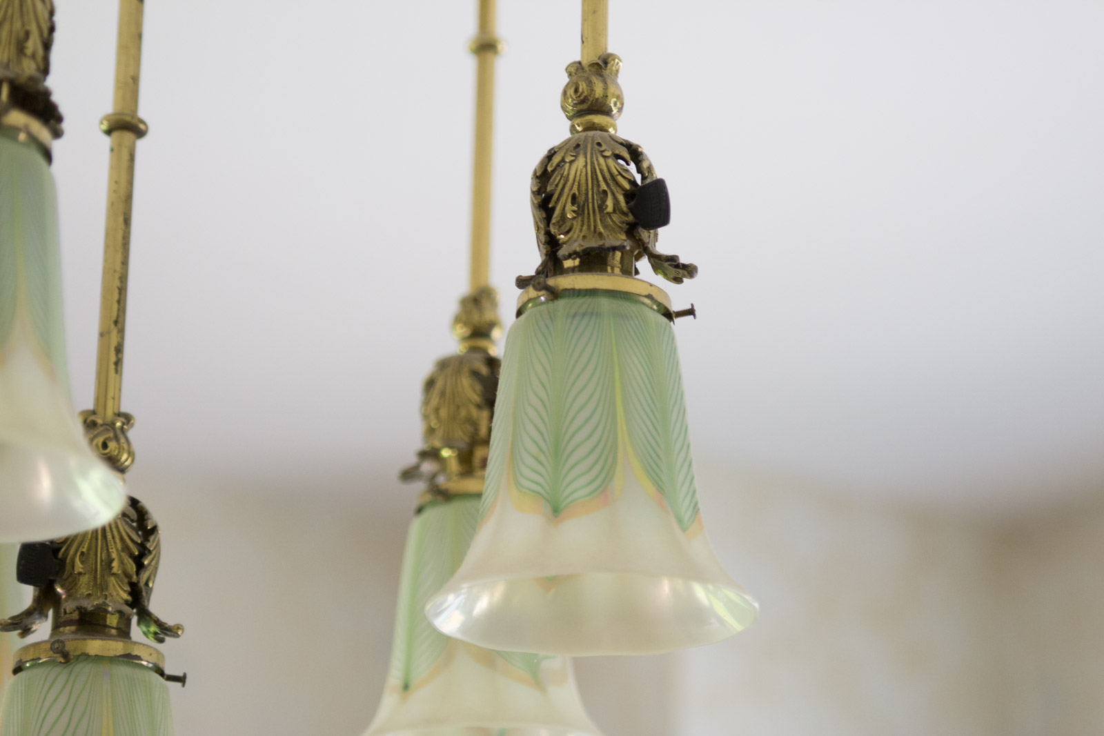 Antique Brass Chandelier with Quezal "Pulled Feather" Pattern Glass Shades