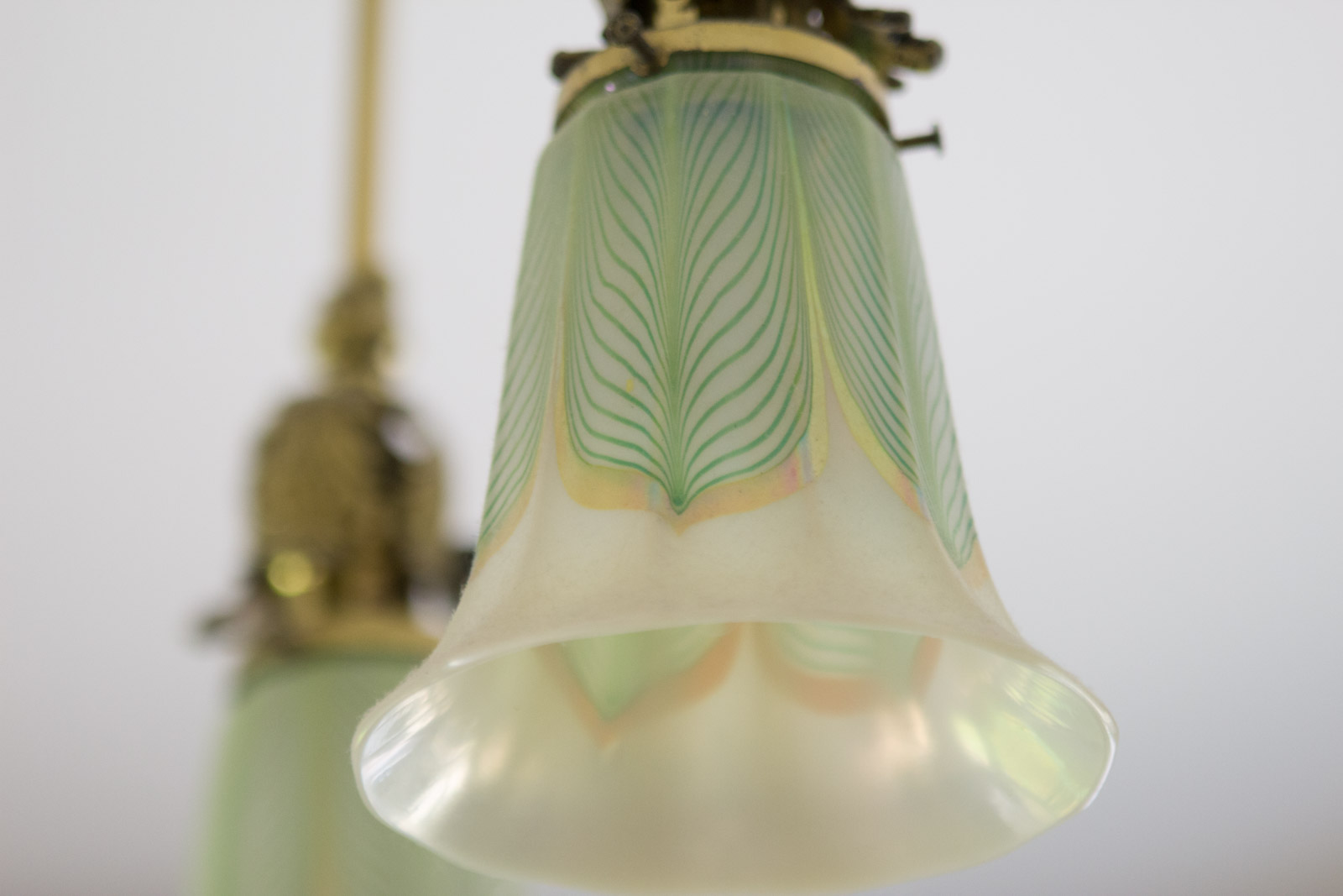 Antique Brass Chandelier with Quezal "Pulled Feather" Pattern Glass Shades