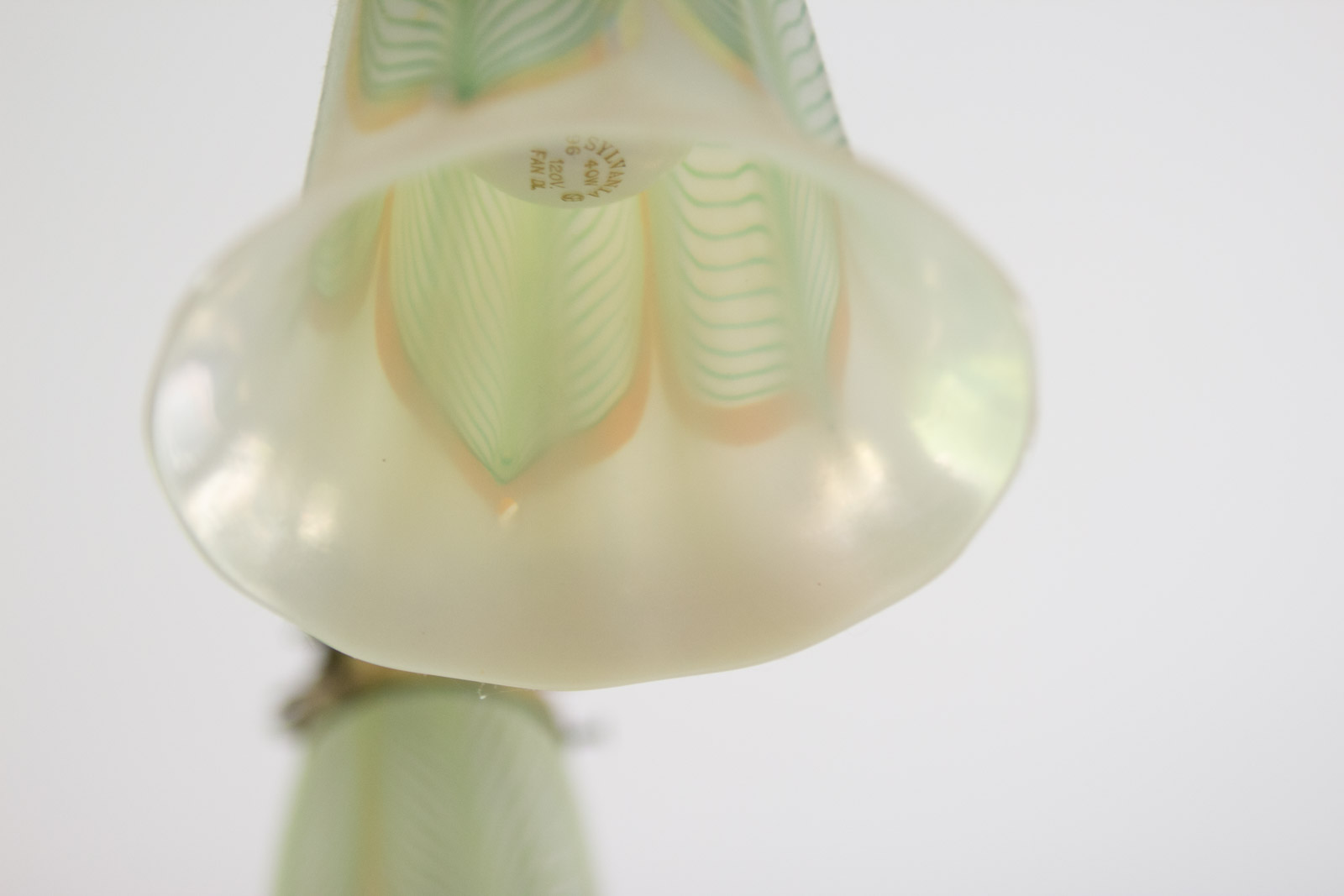 Antique Brass Chandelier with Quezal "Pulled Feather" Pattern Glass Shades