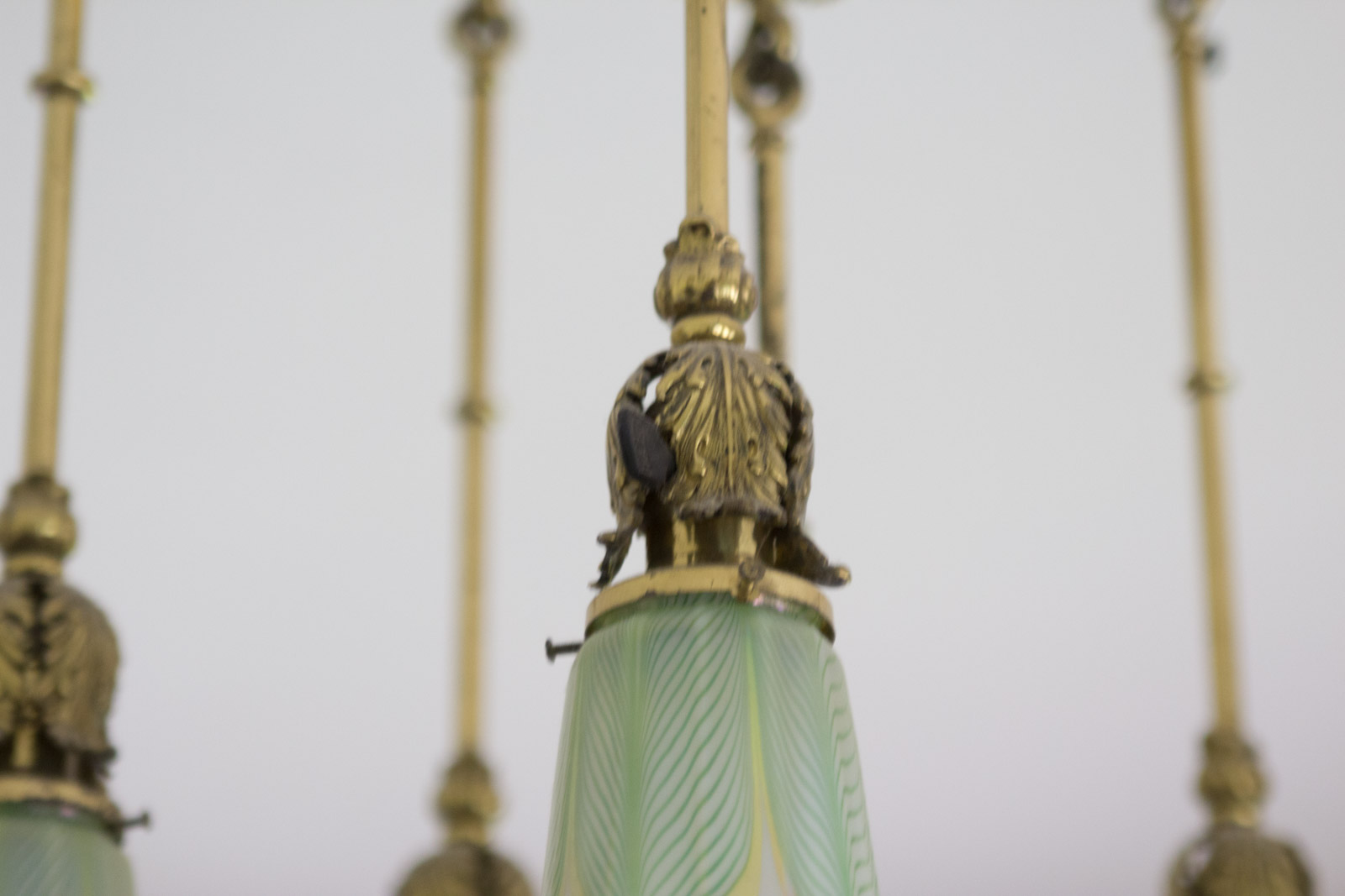 Antique Brass Chandelier with Quezal "Pulled Feather" Pattern Glass Shades