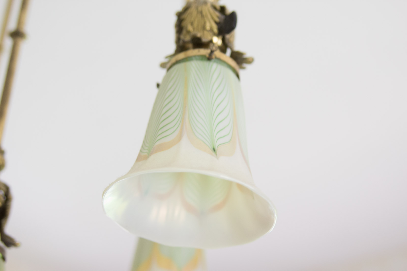 Antique Brass Chandelier with Quezal "Pulled Feather" Pattern Glass Shades