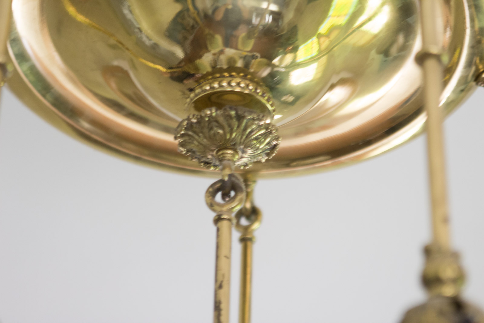 Antique Brass Chandelier with Quezal "Pulled Feather" Pattern Glass Shades