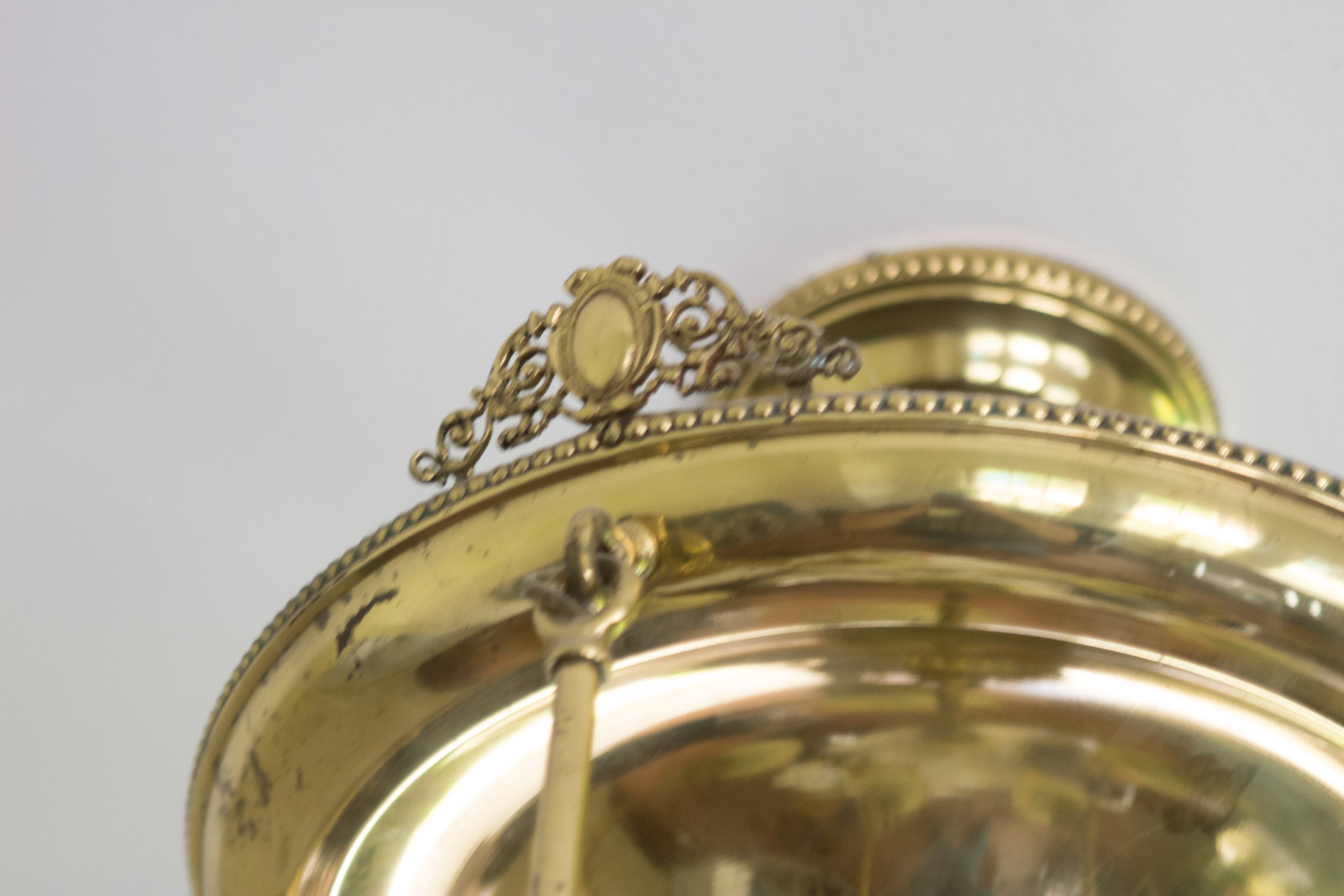 Antique Brass Chandelier with Quezal "Pulled Feather" Pattern Glass Shades