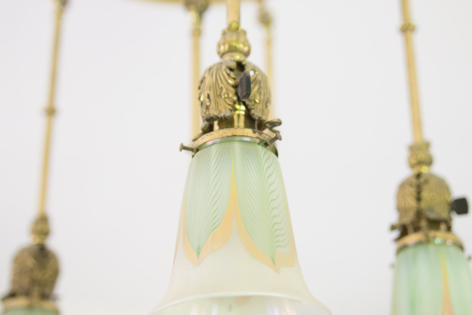 Antique Brass Chandelier with Quezal "Pulled Feather" Pattern Glass Shades