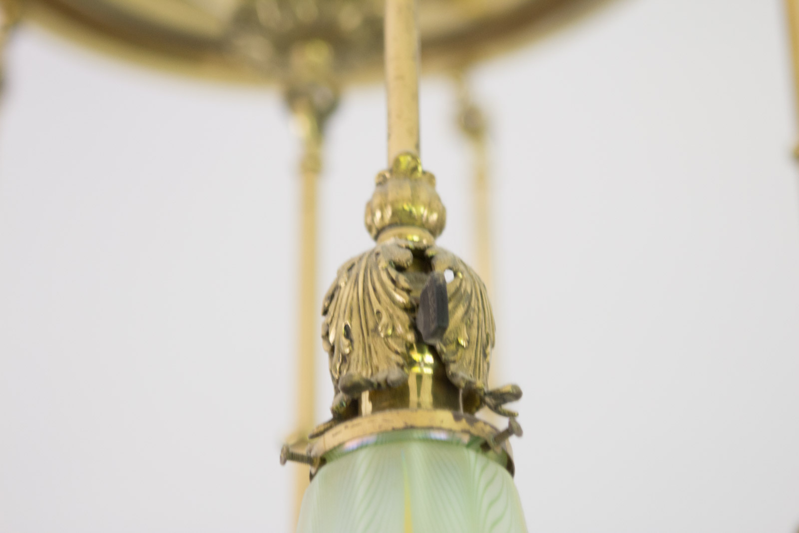Antique Brass Chandelier with Quezal "Pulled Feather" Pattern Glass Shades