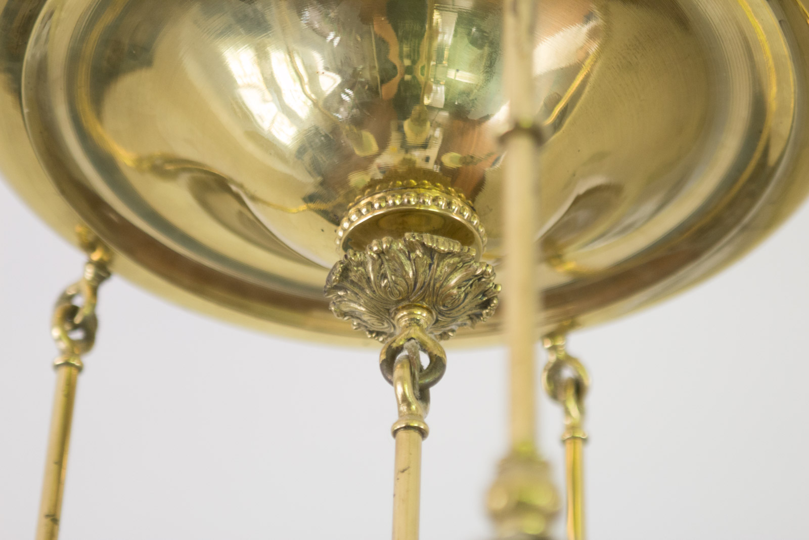 Antique Brass Chandelier with Quezal "Pulled Feather" Pattern Glass Shades