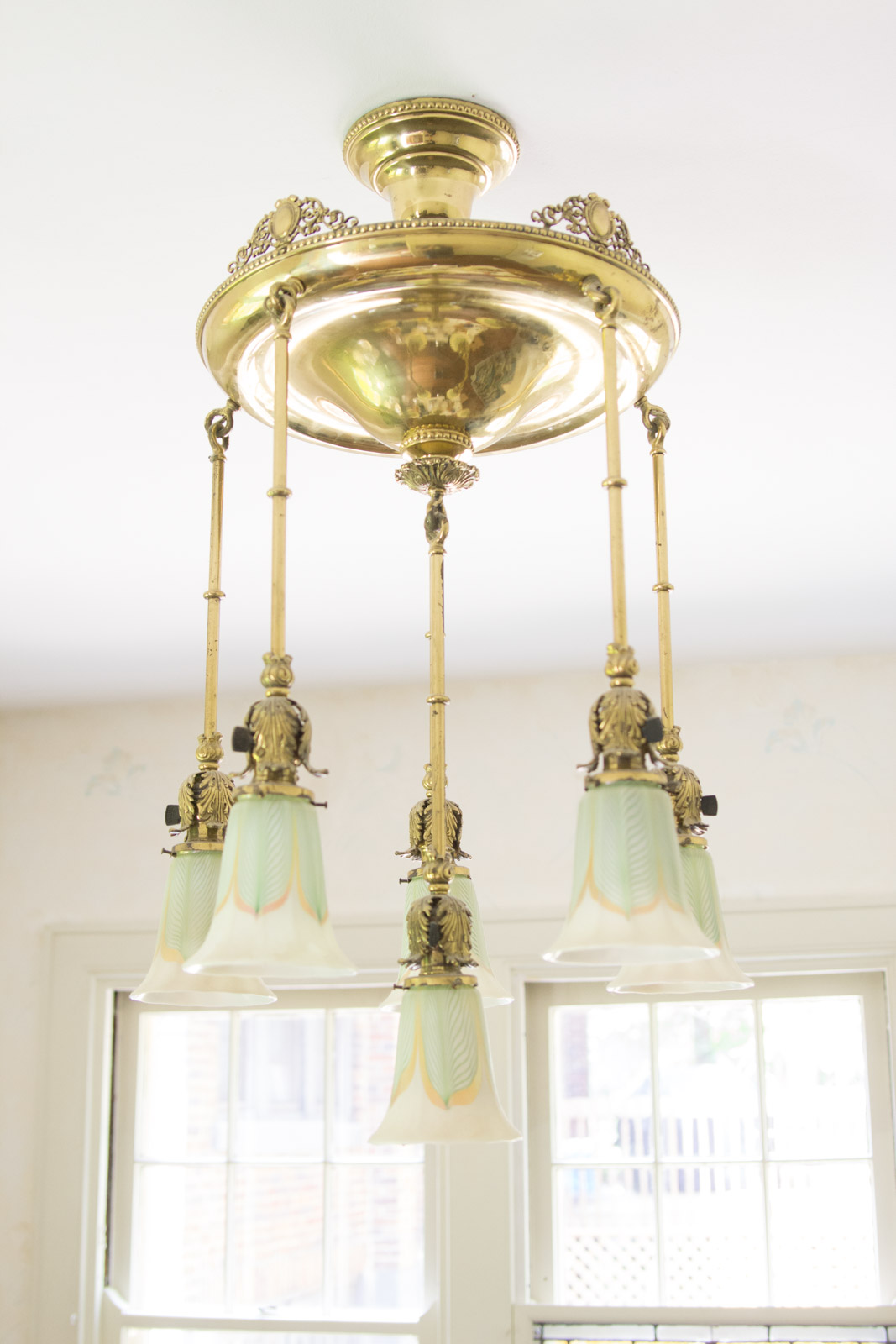 Antique Brass Chandelier with Quezal "Pulled Feather" Pattern Glass Shades