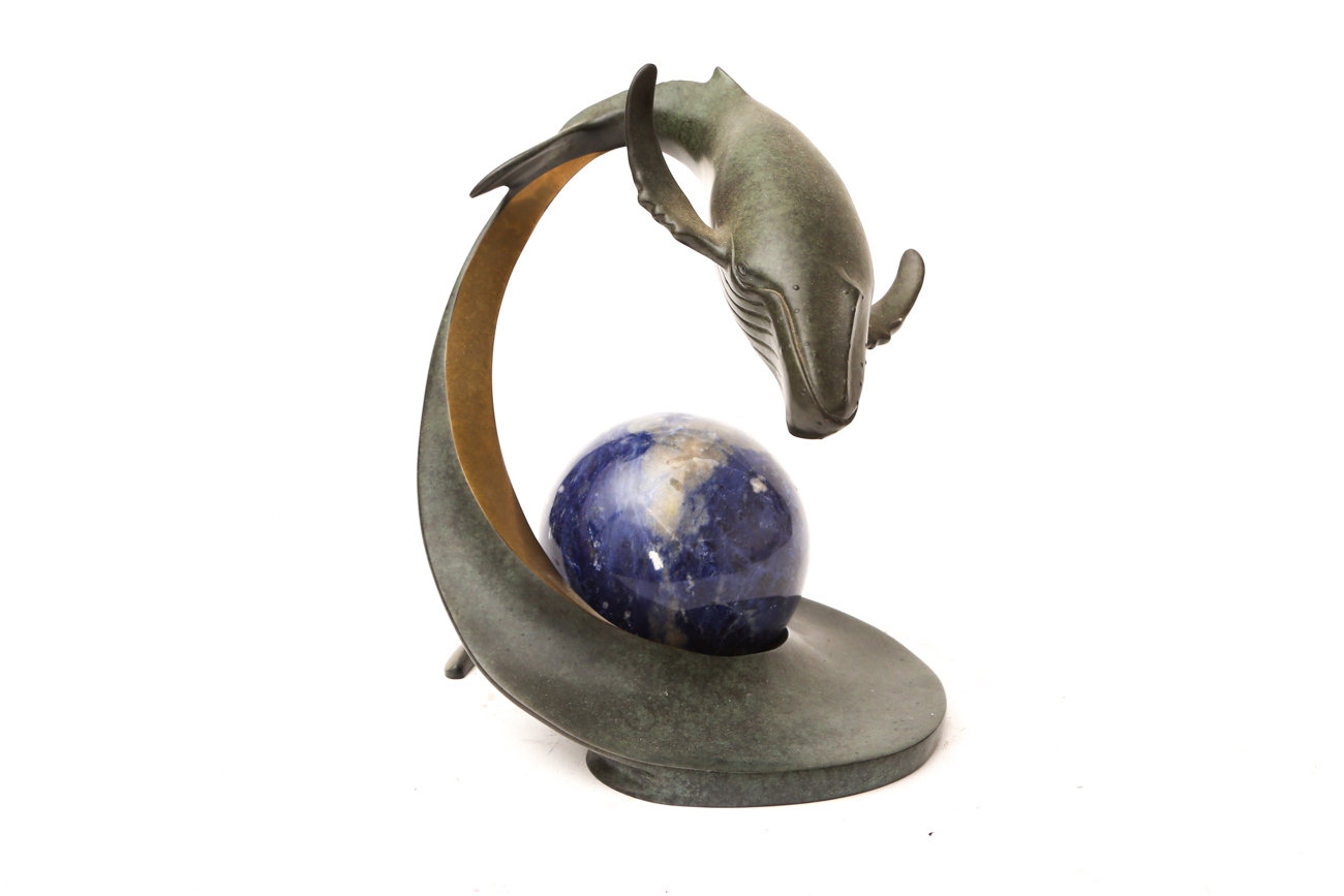 Metal Whale With Globe Like Stone Sphere