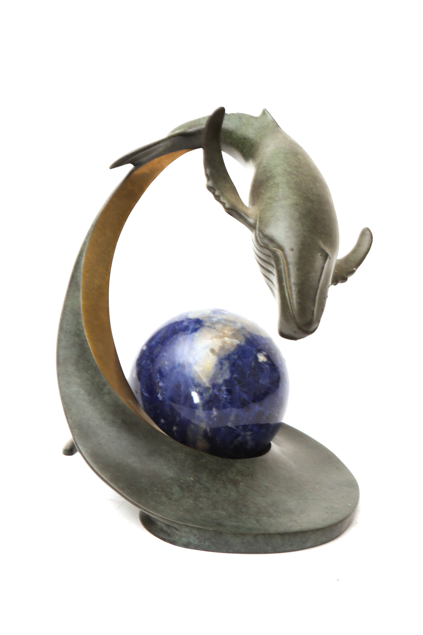 Metal Whale With Globe Like Stone Sphere