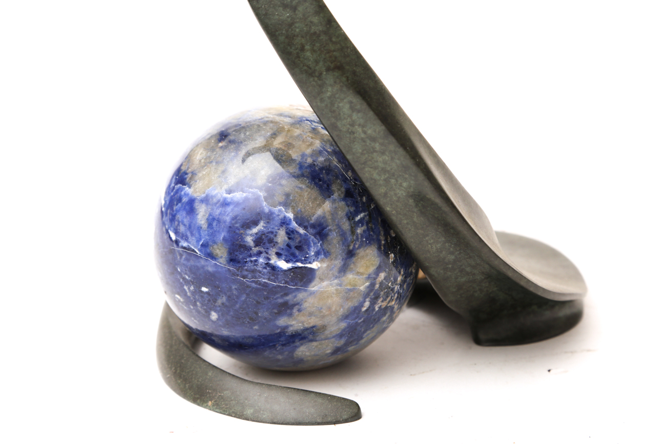 Metal Whale With Globe Like Stone Sphere