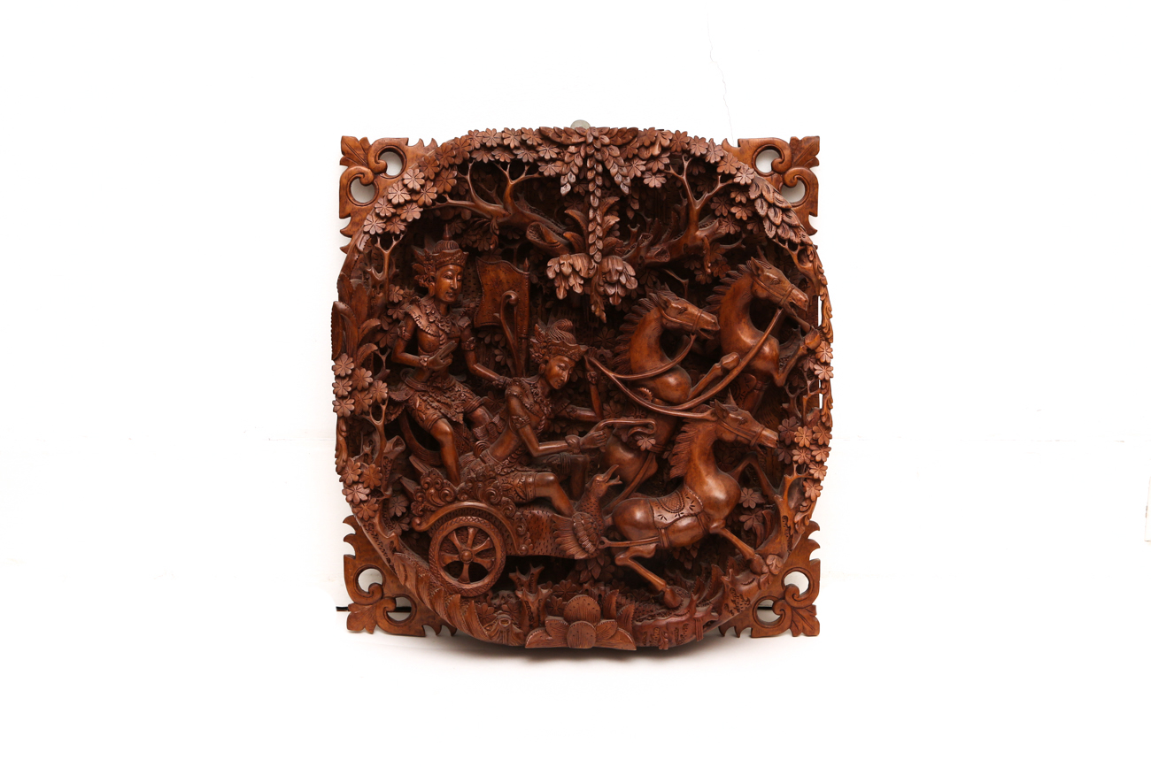 Southeast Asian Intricately Hand Carved Wooden Wall Relief