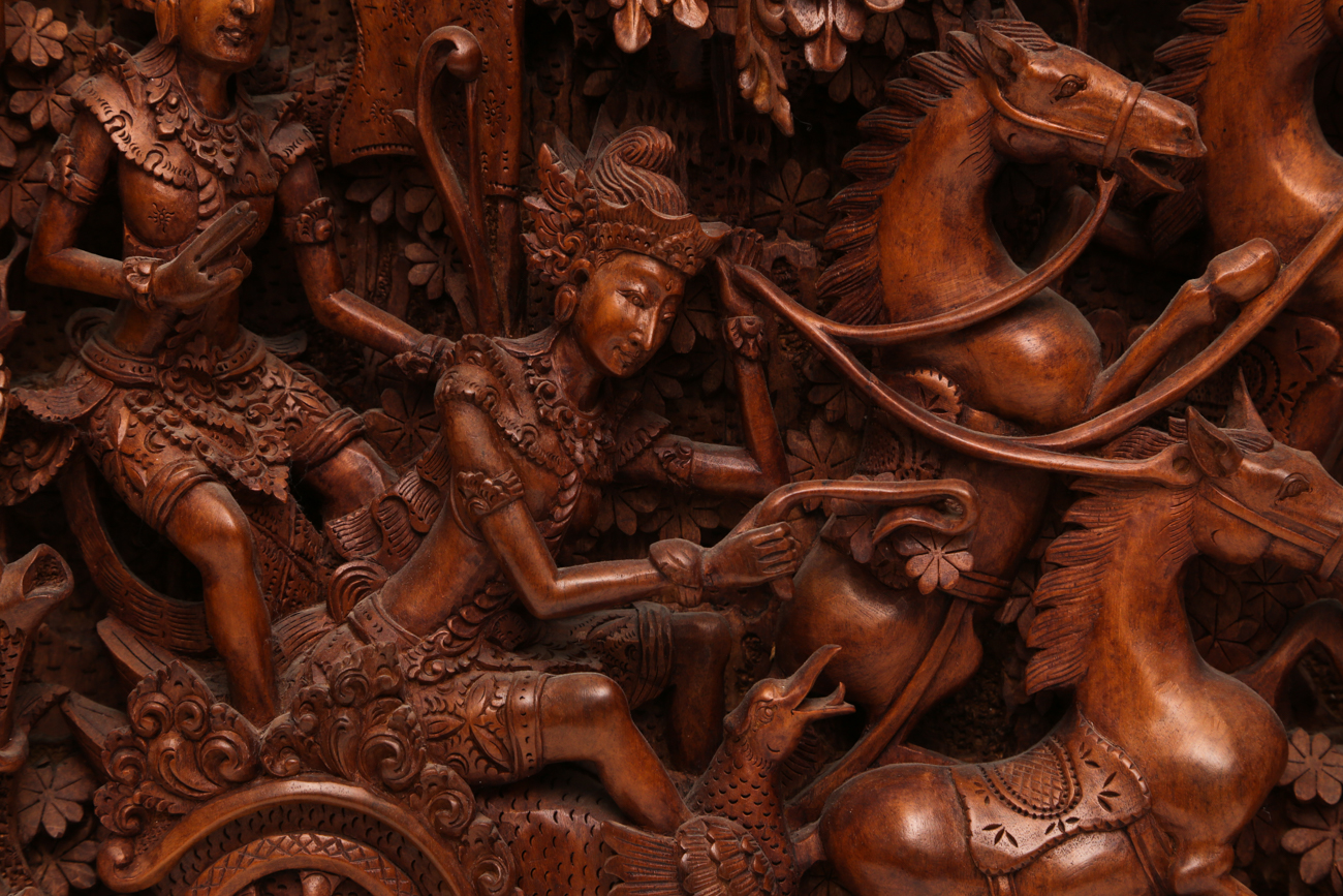 Southeast Asian Intricately Hand Carved Wooden Wall Relief
