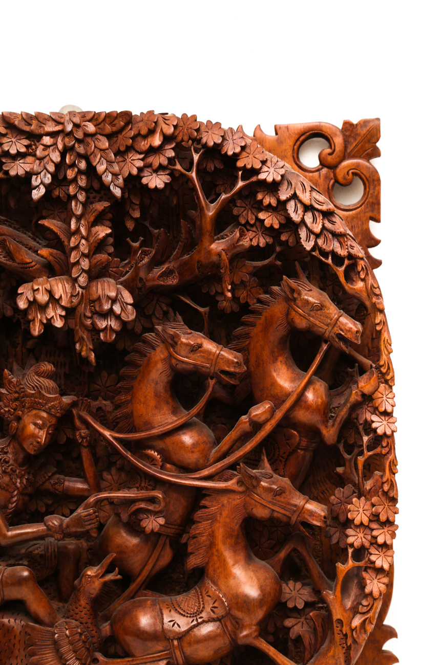 Southeast Asian Intricately Hand Carved Wooden Wall Relief