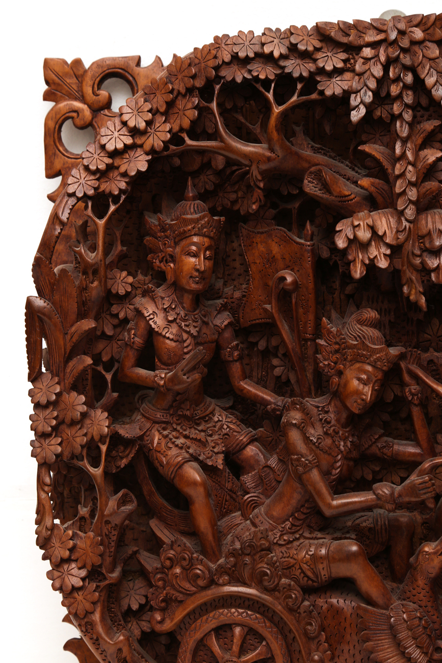 Southeast Asian Intricately Hand Carved Wooden Wall Relief