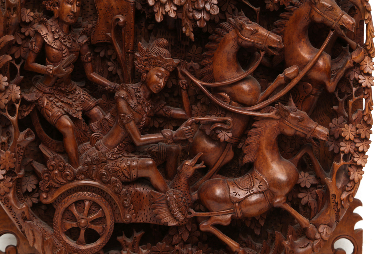 Southeast Asian Intricately Hand Carved Wooden Wall Relief