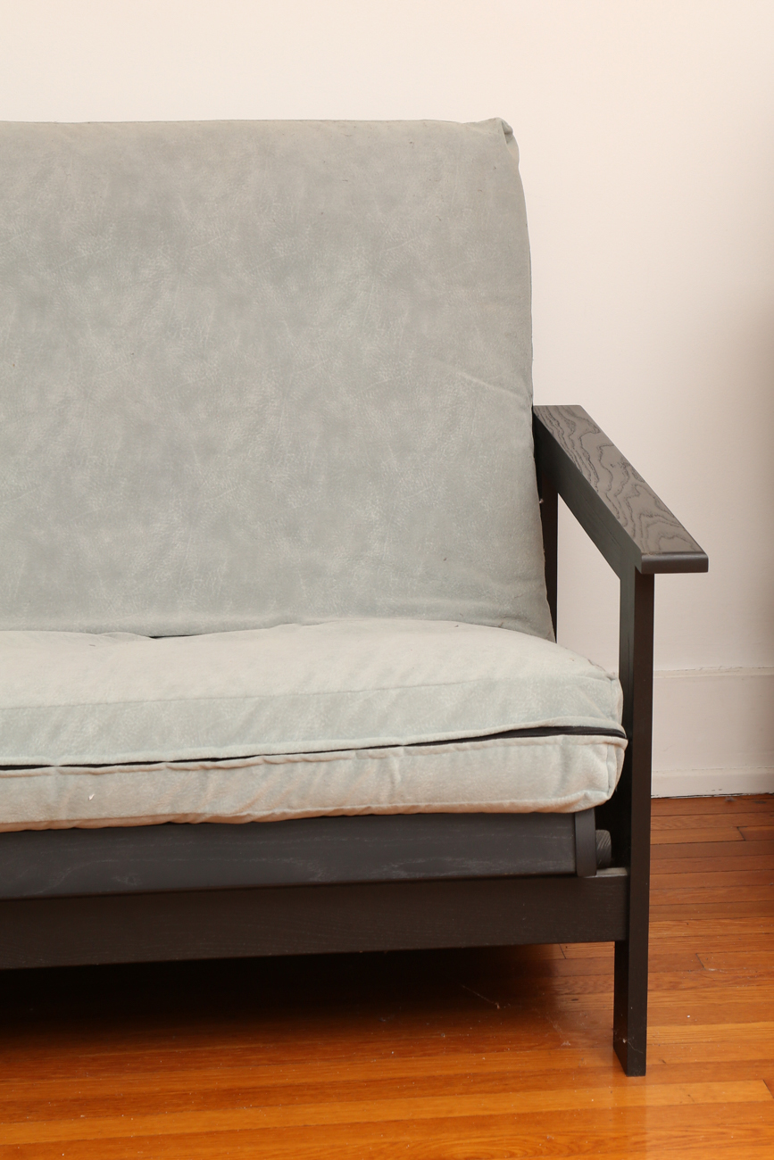 Black Wooden Futon With Grey Microsuede Cushions