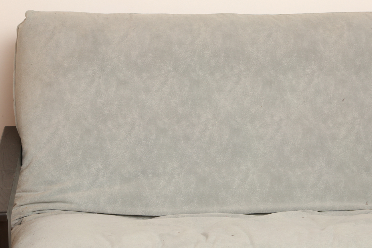 Black Wooden Futon With Grey Microsuede Cushions