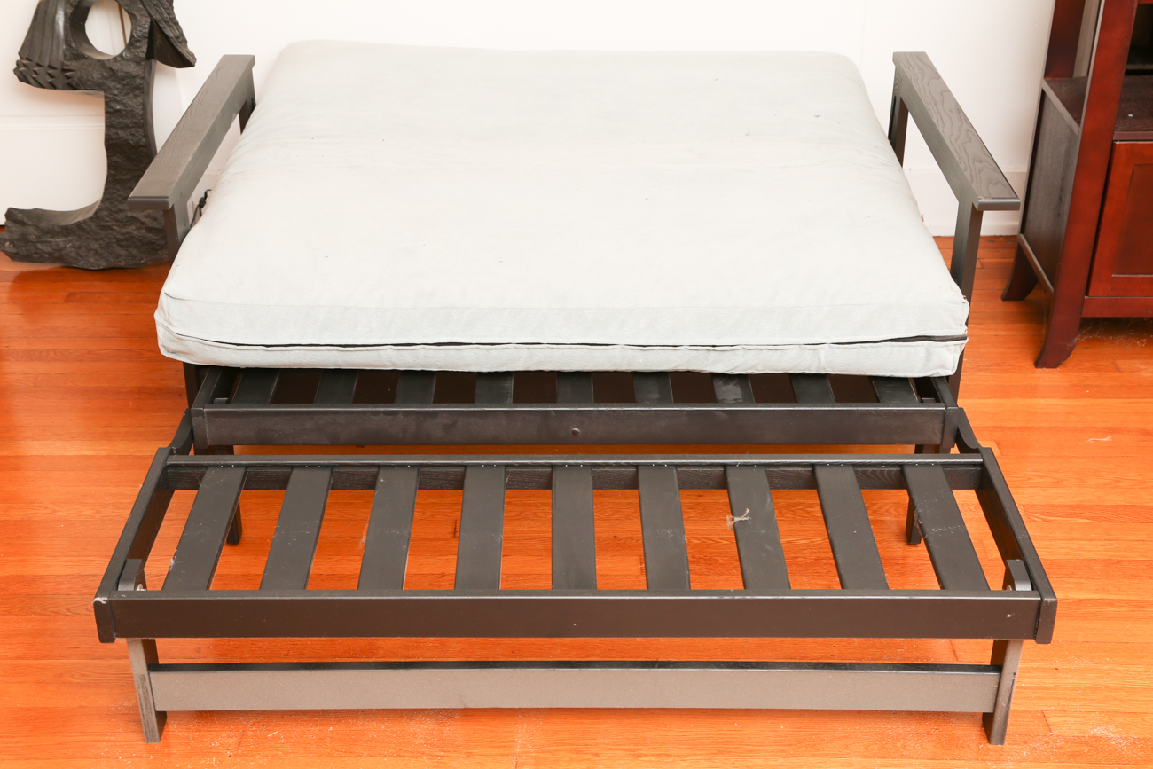 Black Wooden Futon With Grey Microsuede Cushions