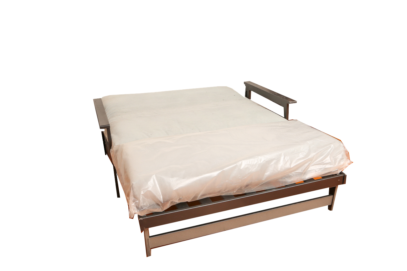 Black Wooden Futon With Grey Microsuede Cushions