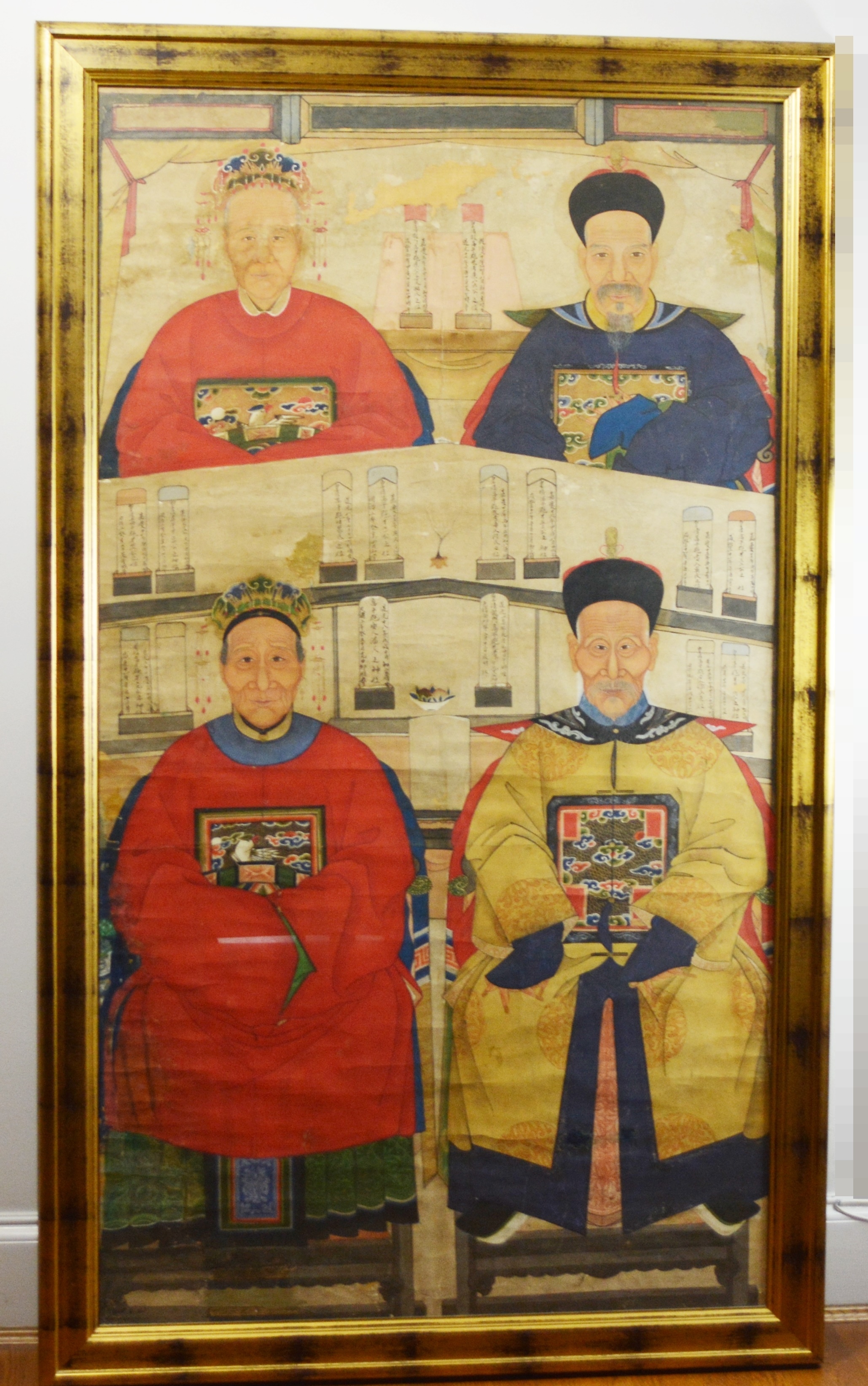 Large Chinese Ancestral Portrait Depicting Four Seated Elders