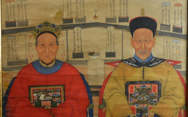 Large Chinese Ancestral Portrait Depicting Four Seated Elders