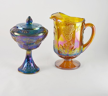 Carnival Glass Footed Pitcher and Candy Dish