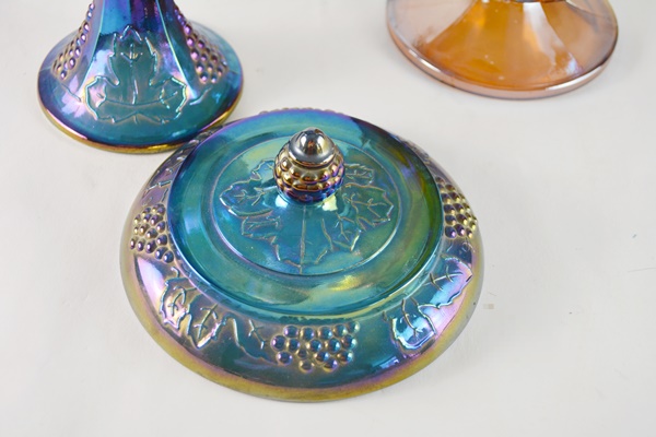 Carnival Glass Footed Pitcher and Candy Dish