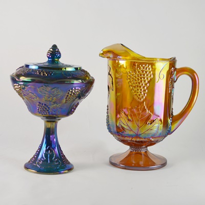 Carnival Glass Footed Pitcher and Candy Dish