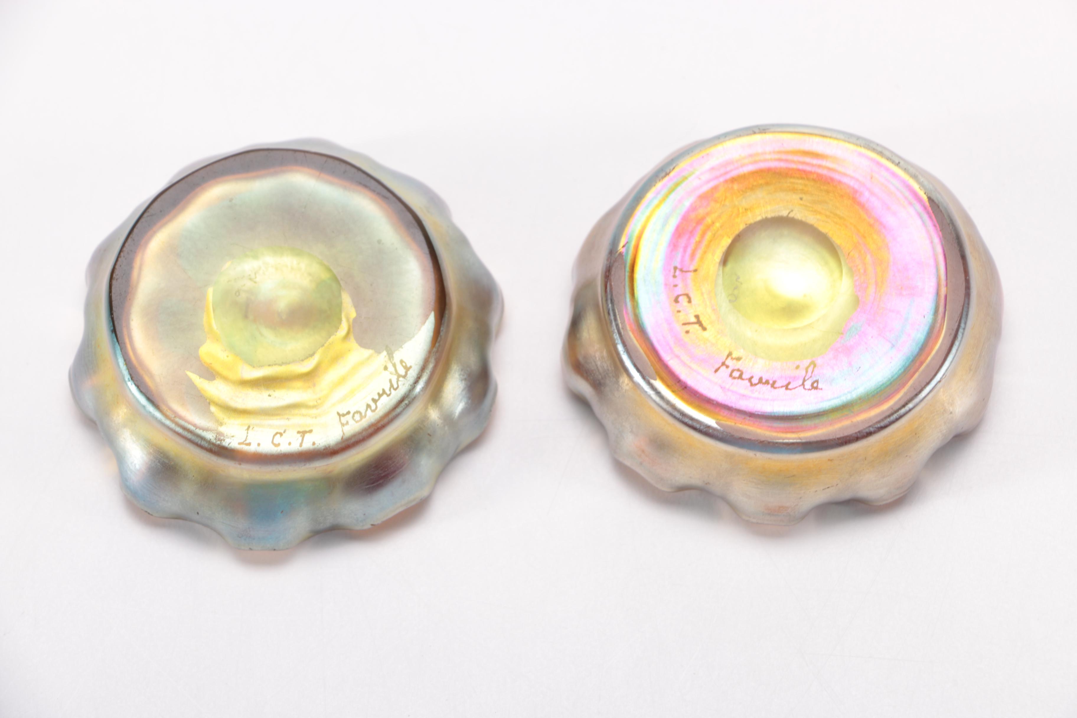 Antique Tiffany Iridescent Favrile Glass Salt Cellars
