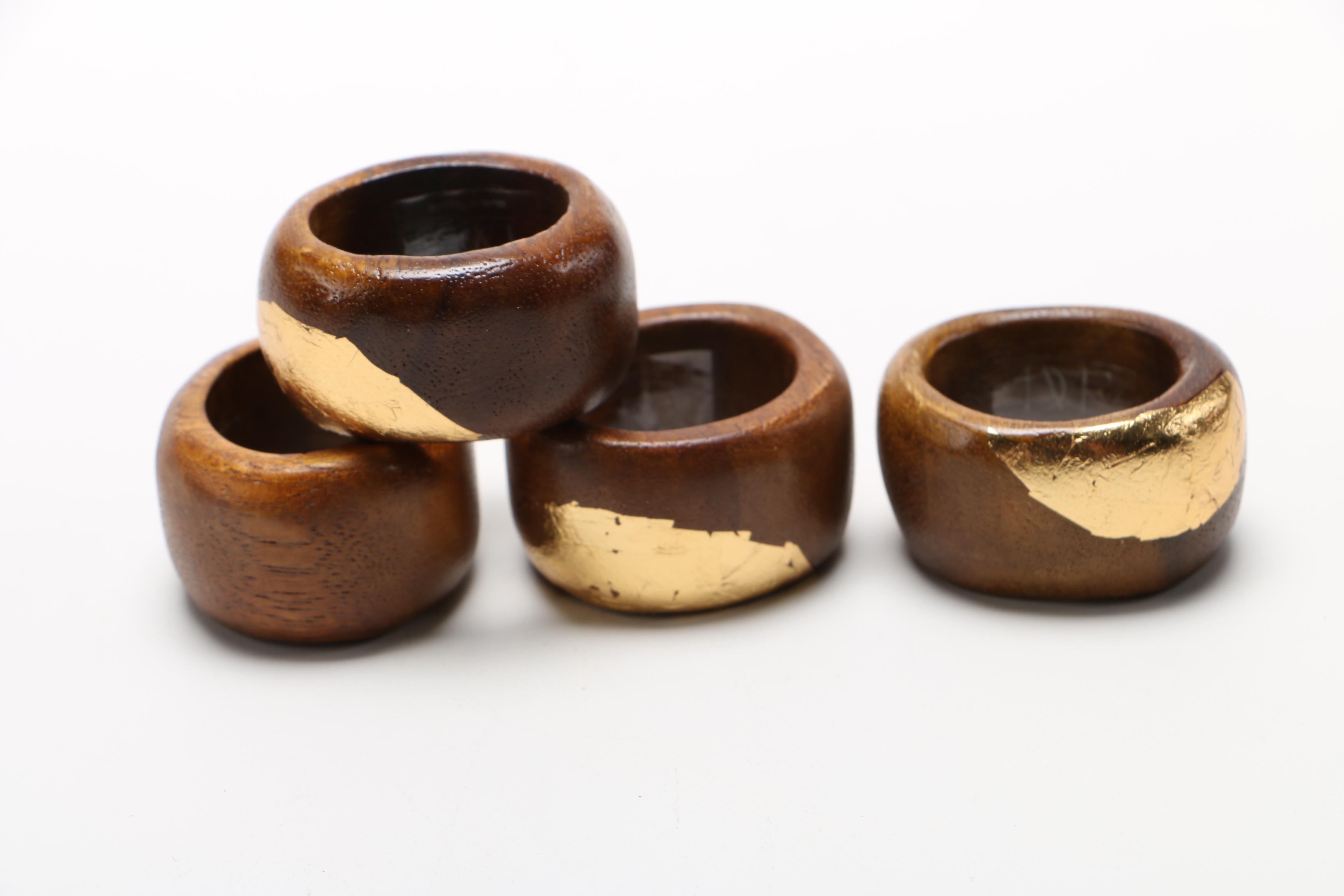 Diane von Furstenberg Gold Leaf and Wood Napkin Ring Set