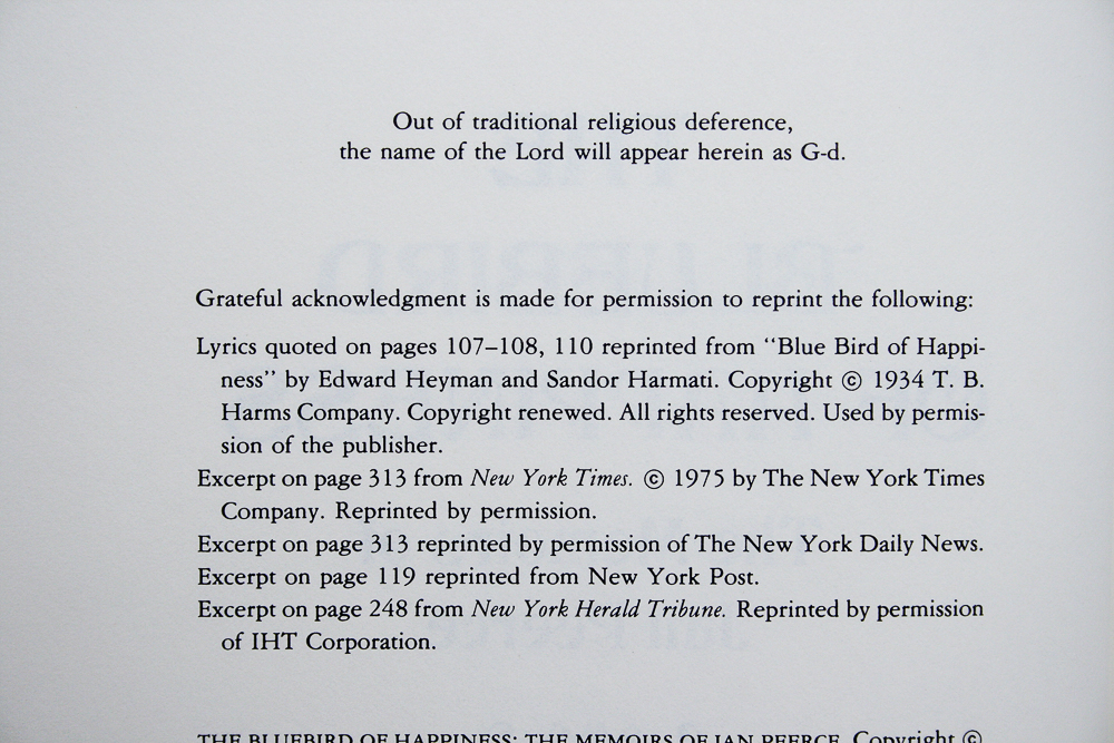 Signed First Edition "The Bluebird of Happiness: Memoirs of Jan Peerce" by Alan Levy