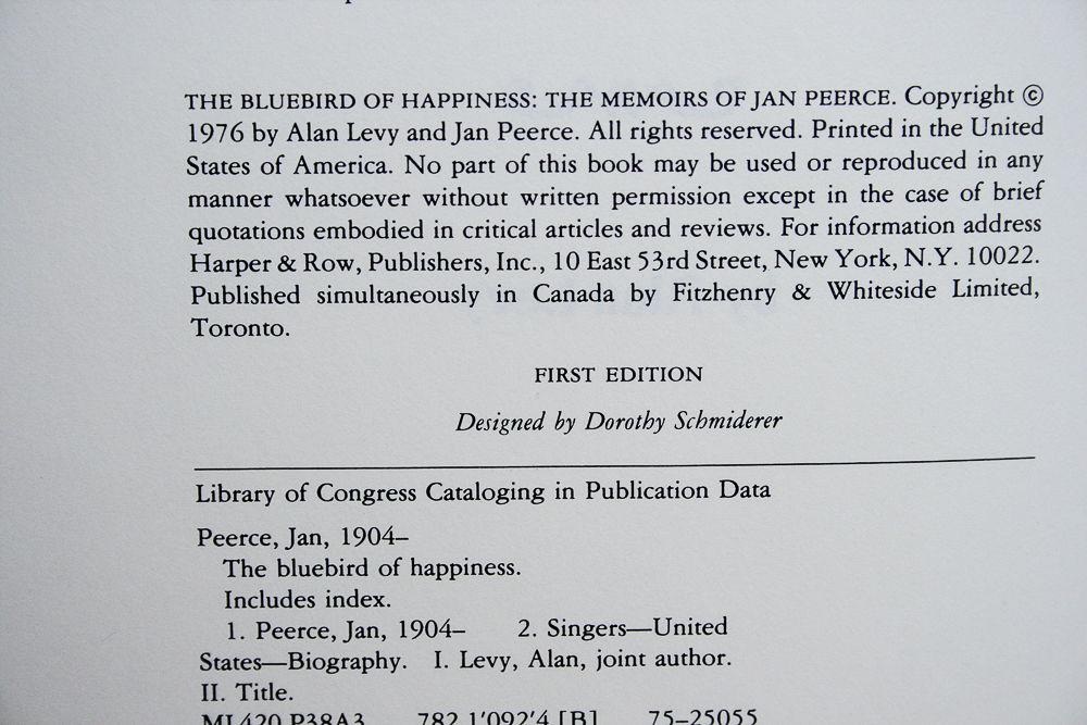 Signed First Edition "The Bluebird of Happiness: Memoirs of Jan Peerce" by Alan Levy