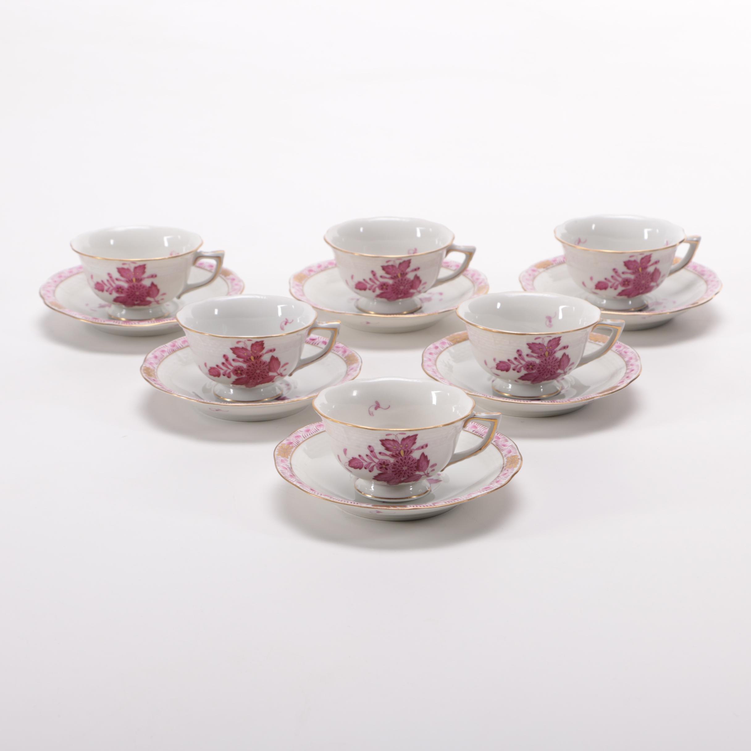 Herend Raspberry "Chinese Bouquet" Tea Cups and Saucers