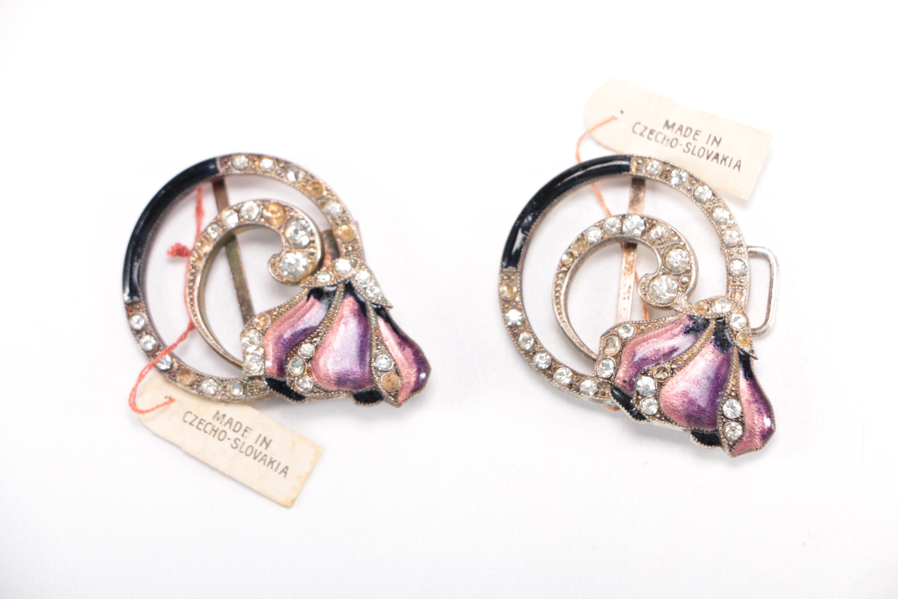 Vintage Czecho-Slovakia Enamel and Glass Belt Buckles