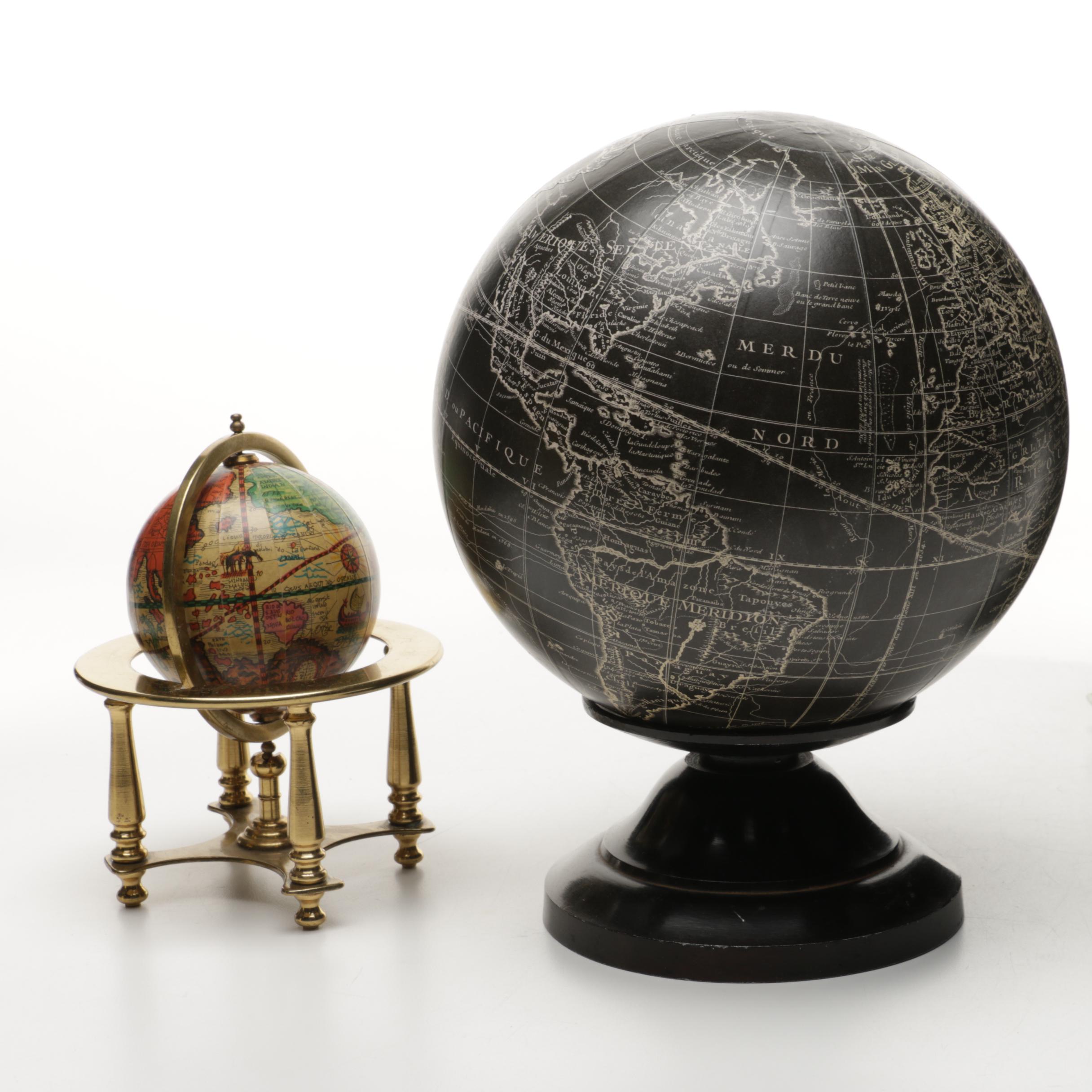 Vaugondy 1745 Inspired Noir Globe and Brass Navigator's Terrestrial Globe