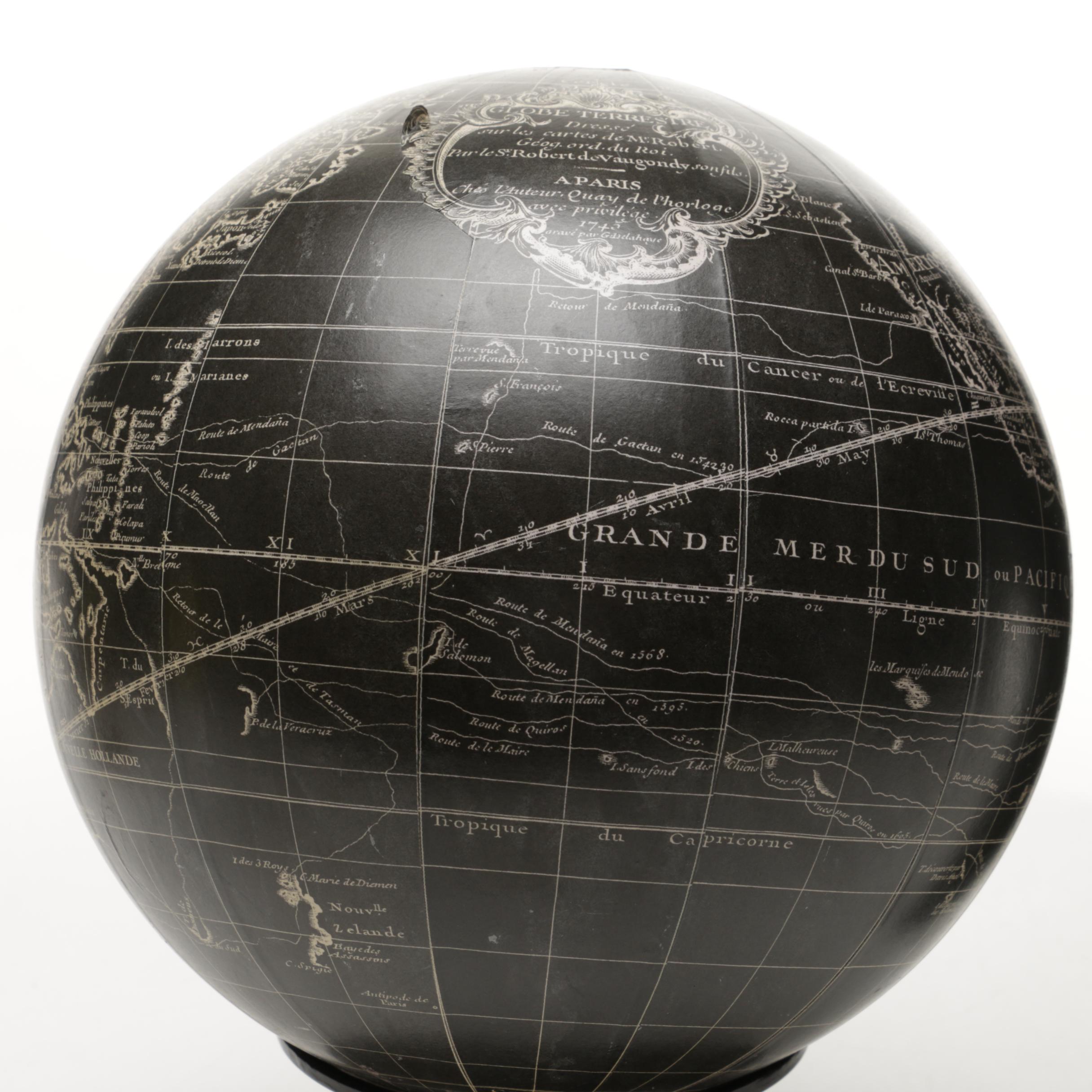 Vaugondy 1745 Inspired Noir Globe and Brass Navigator's Terrestrial Globe