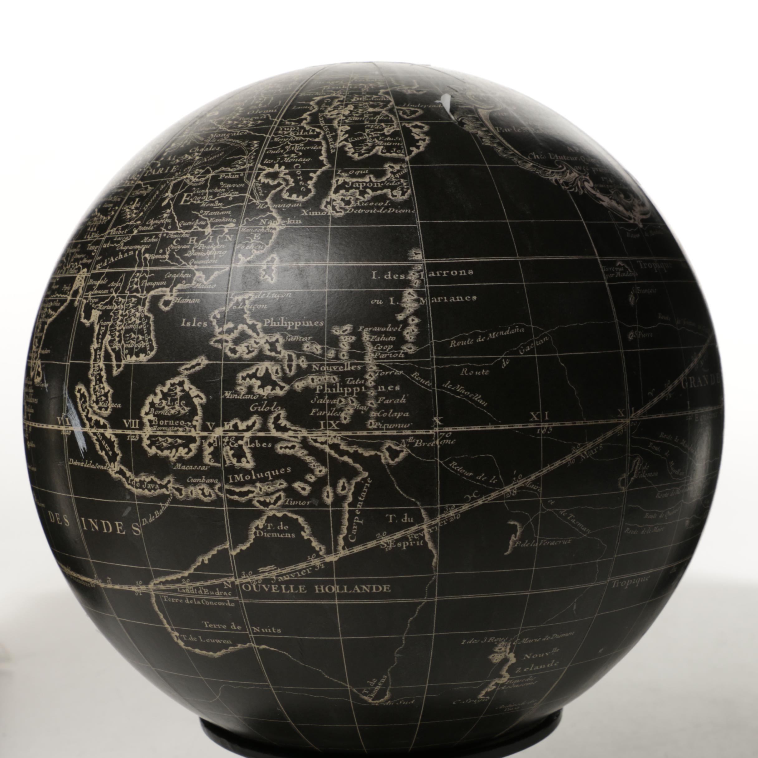 Vaugondy 1745 Inspired Noir Globe and Brass Navigator's Terrestrial Globe