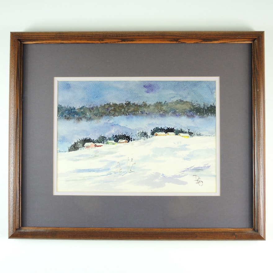 Winter Landscape Watercolor Painting Signed DEO
