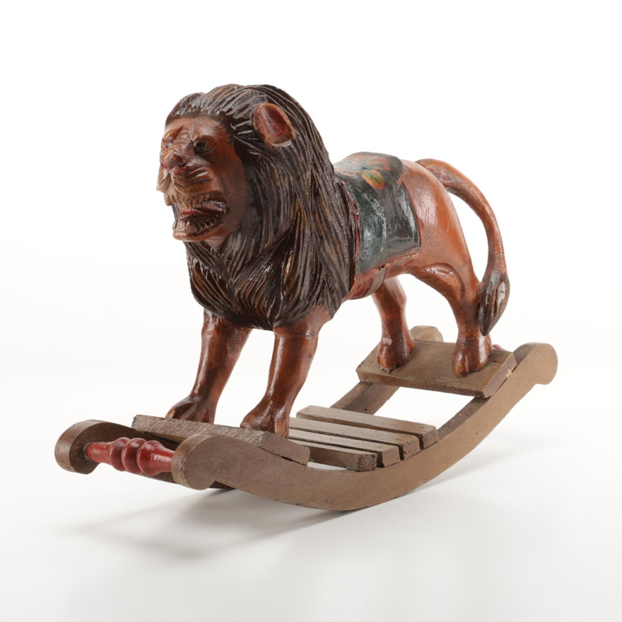 Carved Wood Rocking Lion Figure