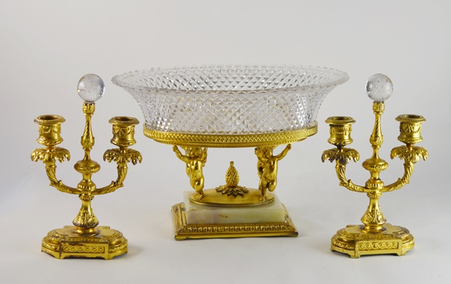 Pairpoint Brass and Crystal Candelabra and Centerpiece Bowl