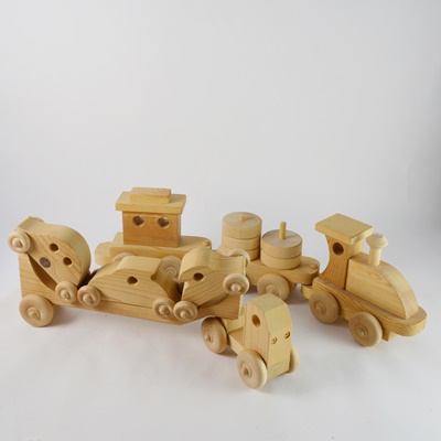 Wooden Toy Train, Trailer Truck and Cars